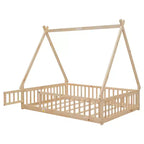 Cama de suelo matrimonial con forma de tienda, barandillas de seguridad, puerta, beige