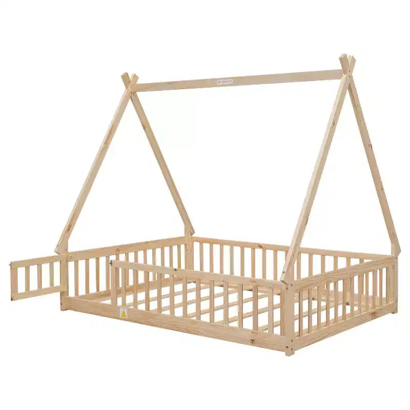 Letto a pavimento completo a forma di tenda con sponde, porta, beige