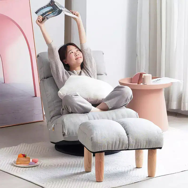 Sedia da pavimento giapponese con poggiapiedi, sedia reclinabile regolabile con base girevole, divano tatami singolo per soggiorno camera da letto, grigio