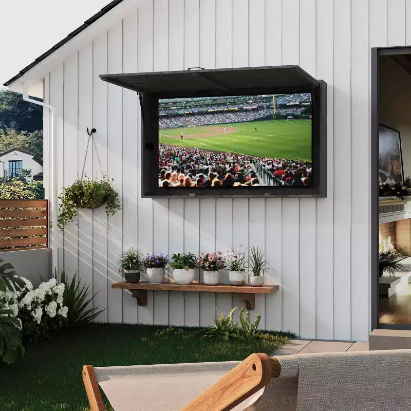 Protezione per TV da esterno in legno, 48 pollici, solida, impermeabile, regolabile, con custodia rigida, copertura extra e staffa telescopica, colore nero
