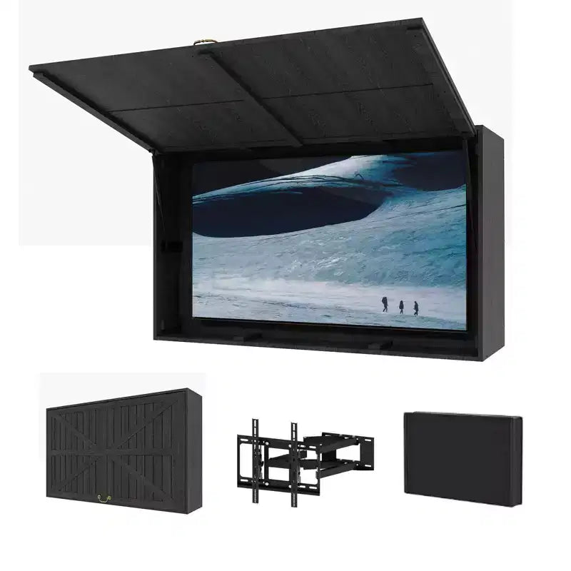 Protezione per TV da esterno in legno, 48 pollici, solida, impermeabile, regolabile, con custodia rigida, copertura extra e staffa telescopica, colore nero