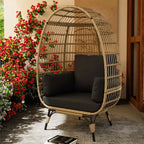 Sillón huevo, sillón huevo de mimbre con cojín mullido, estructura de acero y base metálica, sillón de descanso para interior y exterior, patio, sala de estar y jardín