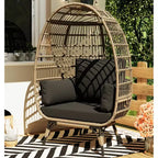 Sillón huevo, sillón huevo de mimbre con cojín mullido, estructura de acero y base metálica, sillón de descanso para interior y exterior, patio, sala de estar y jardín