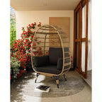 Sillón huevo, sillón huevo de mimbre con cojín mullido, estructura de acero y base metálica, sillón de descanso para interior y exterior, patio, sala de estar y jardín