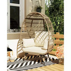 Sillón huevo, sillón huevo de mimbre con cojín mullido, estructura de acero y base metálica, sillón de descanso para interior y exterior, patio, sala de estar y jardín