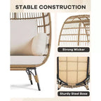 Sillón huevo, sillón huevo de mimbre con cojín mullido, estructura de acero y base metálica, sillón de descanso para interior y exterior, patio, sala de estar y jardín