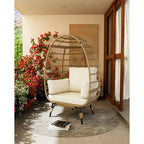 Sillón huevo, sillón huevo de mimbre con cojín mullido, estructura de acero y base metálica, sillón de descanso para interior y exterior, patio, sala de estar y jardín