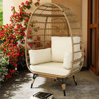 Sillón huevo, sillón huevo de mimbre con cojín mullido, estructura de acero y base metálica, sillón de descanso para interior y exterior, patio, sala de estar y jardín