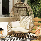 Sillón huevo, sillón huevo de mimbre con cojín mullido, estructura de acero y base metálica, sillón de descanso para interior y exterior, patio, sala de estar y jardín