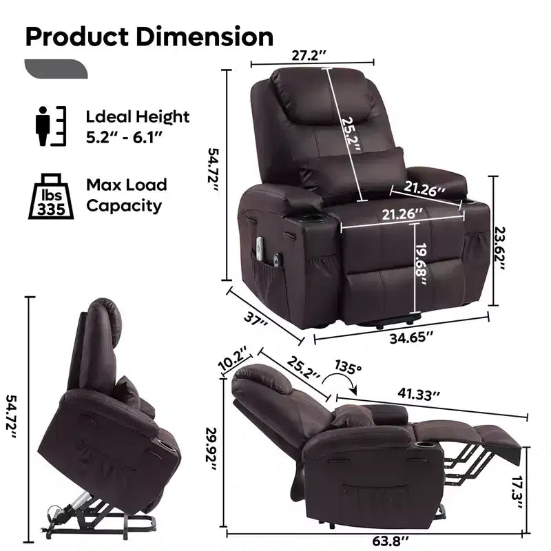 Poltrona reclinabile elettrica Power Lift Assist da 34,6" con massaggio e riscaldamento, poltrona reclinabile in similpelle con tasche laterali e portabicchieri