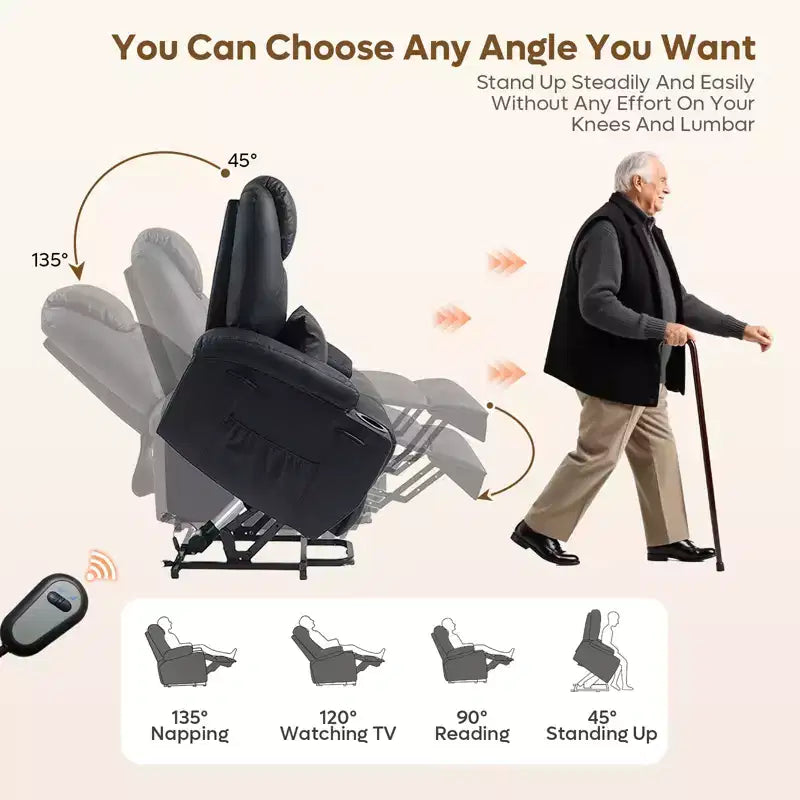 Poltrona reclinabile elettrica Power Lift Assist da 34,6" con massaggio e riscaldamento, poltrona reclinabile in similpelle con tasche laterali e portabicchieri