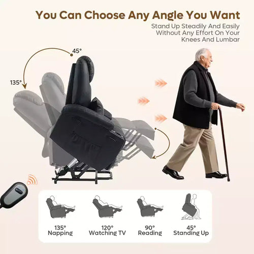 Poltrona reclinabile elettrica Power Lift Assist da 34,6" con massaggio e riscaldamento, poltrona reclinabile in similpelle con tasche laterali e portabicchieri