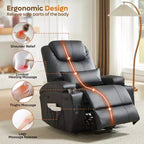 Poltrona reclinabile elettrica con funzione alzapersone da 34.6'' con massaggio e riscaldamento, rivestimento in pelle sintetica, schienale reclinabile, tasche laterali e portabicchieri