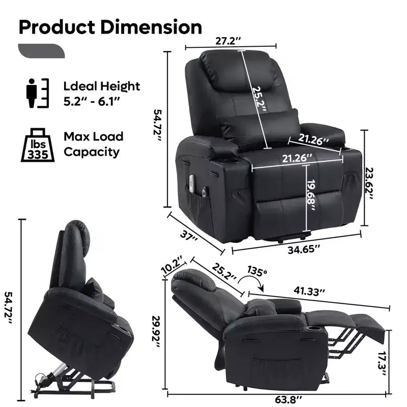 Poltrona reclinabile elettrica Power Lift Assist da 34,6" con massaggio e riscaldamento, poltrona reclinabile in similpelle con tasche laterali e portabicchieri