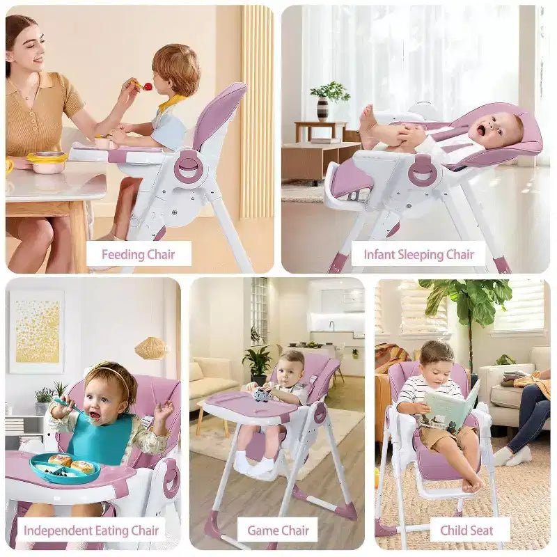 Seggiolone per bambini, seggiolone pieghevole regolabile in altezza e reclinabile con vassoio rimovibile per una facile pulizia, viola