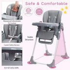 Silla alta para bebés y niños pequeños, plegable, con altura y reclinación ajustables, bandeja extraíble para facilitar la limpieza, morado