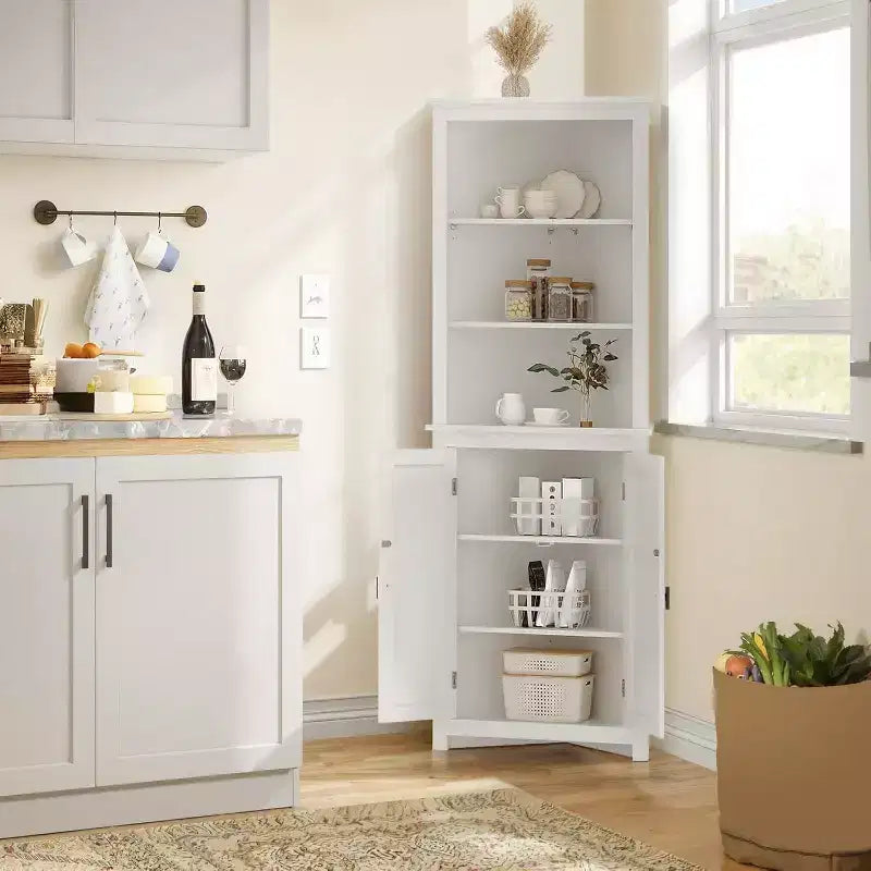 Mobiletto ad angolo alto 162 cm con ripiani regolabili, mobiletto moderno autoportante per bagno, cucina, soggiorno
