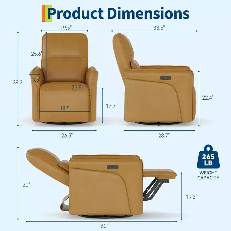 Poltrona reclinabile girevole a 360° in pelle, sedia a dondolo elettrica da asilo, poltrona reclinabile con supporto lombare, porta USB e poggiapiedi, per soggiorno, marrone