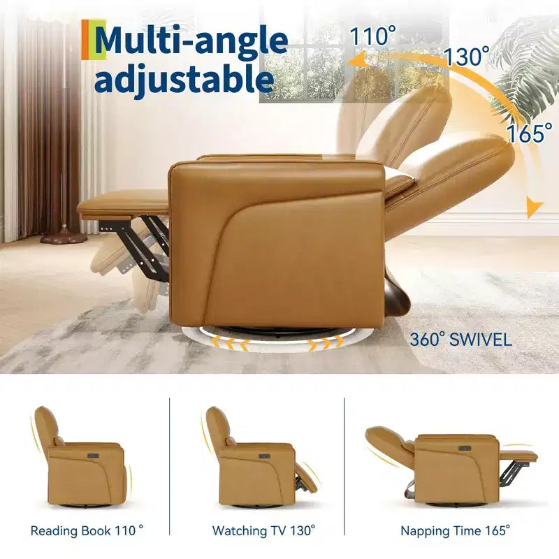 Poltrona reclinabile girevole a 360° in pelle, sedia a dondolo elettrica da asilo, poltrona reclinabile con supporto lombare, porta USB e poggiapiedi, per soggiorno, marrone