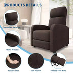 Fauteuil inclinable pour adulte, canapé individuel réglable avec poche latérale, dossier haut, accoudoirs larges et assise rembourrée, siège pour le salon