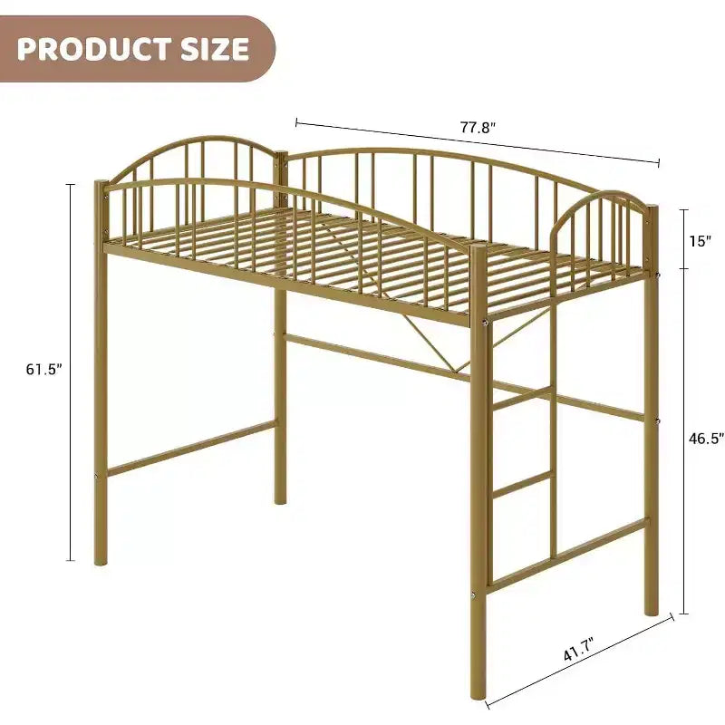 Letto a soppalco singolo con scale, ringhiera ad arco, struttura in metallo, salvaspazio, silenzioso, oro