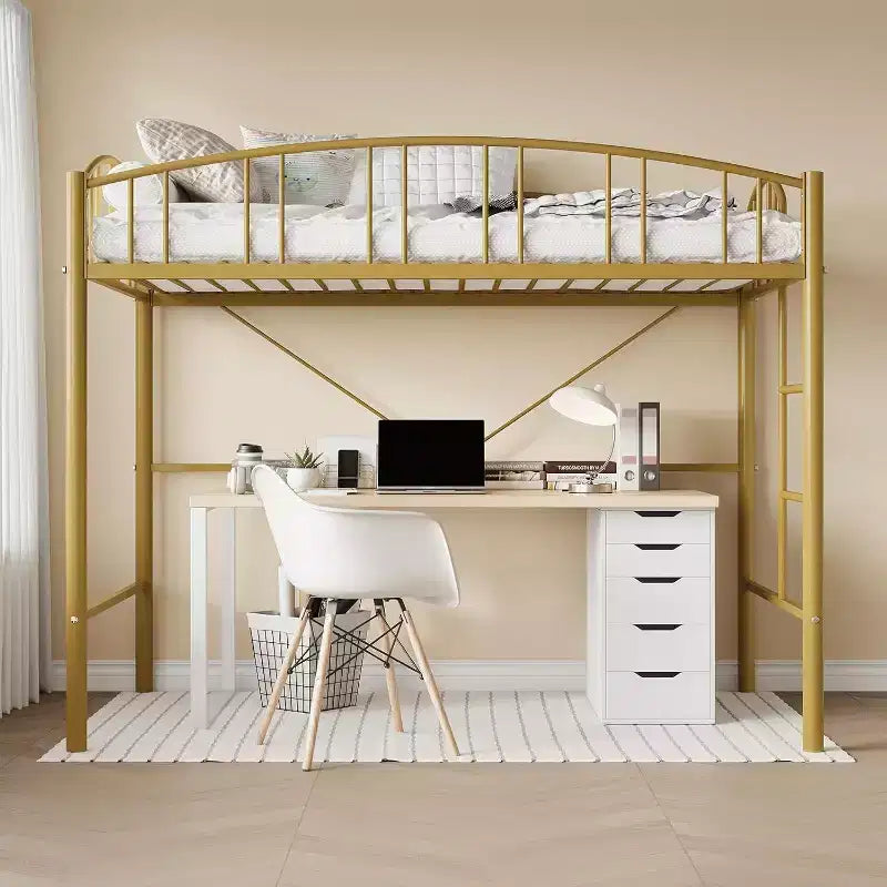 Letto a soppalco singolo con scale, ringhiera ad arco, struttura in metallo, salvaspazio, silenzioso, oro