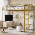 Hochbett für eine Person mit Treppe, gewölbtem Sicherheitsgeländer, Metallgestell, platzsparend, geräuscharm, Gold
