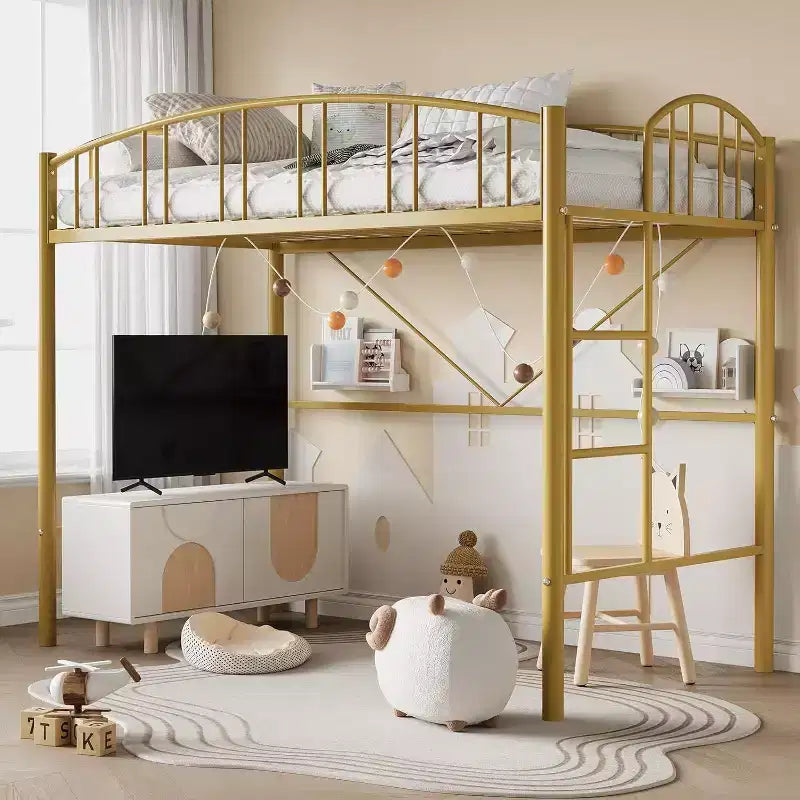 Letto a soppalco singolo con scale, ringhiera ad arco, struttura in metallo, salvaspazio, silenzioso, oro