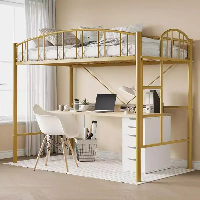 Letto a soppalco singolo con scale, ringhiera ad arco, struttura in metallo, salvaspazio, silenzioso, oro