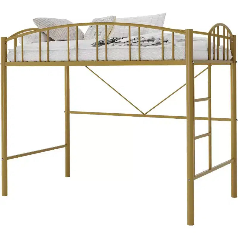 Letto a soppalco singolo con scale, ringhiera ad arco, struttura in metallo, salvaspazio, silenzioso, oro