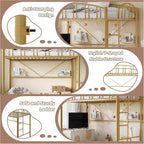 Hochbett für eine Person mit Treppe, gewölbtem Sicherheitsgeländer, Metallgestell, platzsparend, geräuscharm, Gold
