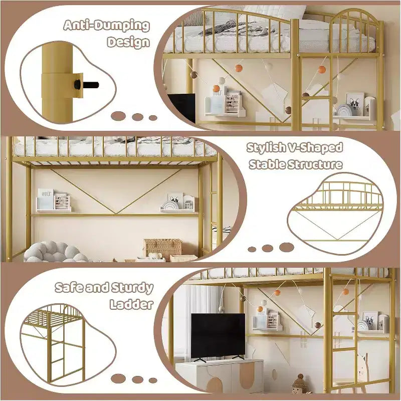 Letto a soppalco singolo con scale, ringhiera ad arco, struttura in metallo, salvaspazio, silenzioso, oro