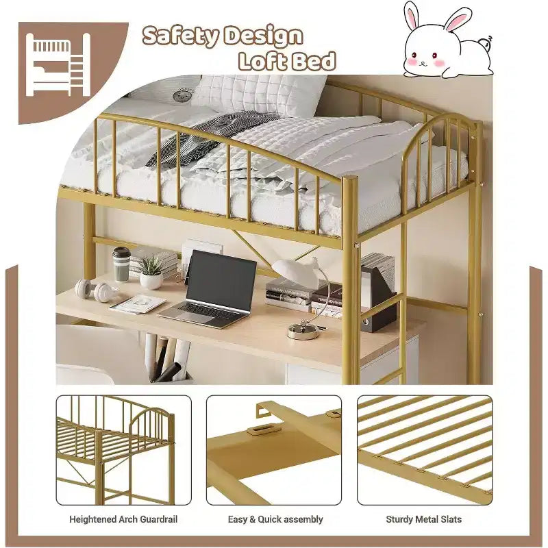 Letto a soppalco singolo con scale, ringhiera ad arco, struttura in metallo, salvaspazio, silenzioso, oro