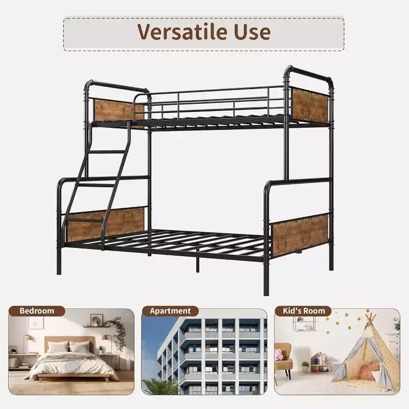 Struttura letto a castello doppio, struttura resistente, con scaletta inclinata e ringhiere di sicurezza, design salvaspazio, letto superiore singolo e letto inferiore doppio.