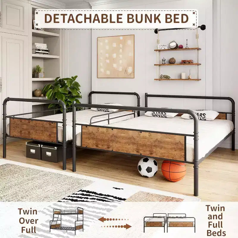 Struttura letto a castello doppio, struttura resistente, con scaletta inclinata e ringhiere di sicurezza, design salvaspazio, letto superiore singolo e letto inferiore doppio.