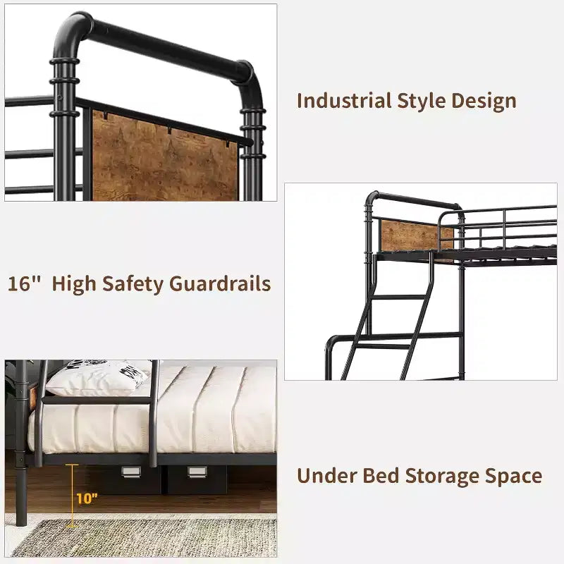 Struttura letto a castello doppio, struttura resistente, con scaletta inclinata e ringhiere di sicurezza, design salvaspazio, letto superiore singolo e letto inferiore doppio.
