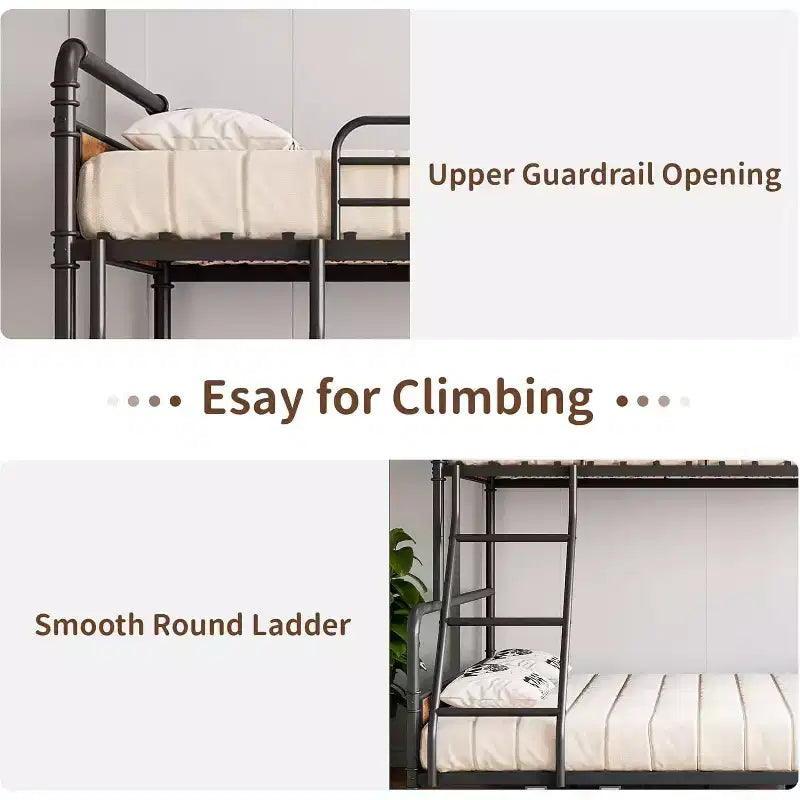 Struttura letto a castello doppio, struttura resistente, con scaletta inclinata e ringhiere di sicurezza, design salvaspazio, letto superiore singolo e letto inferiore doppio.