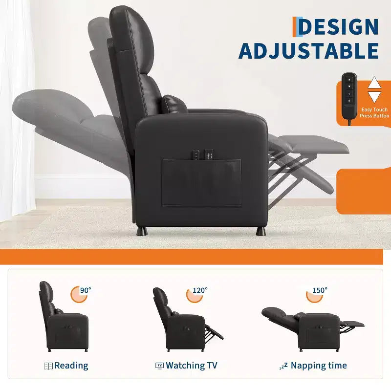 Poltrona reclinabile elettrica con funzione calore e massaggio, in pelle PU regolabile, schienale alto, seduta imbottita, divano Home Theater per soggiorno