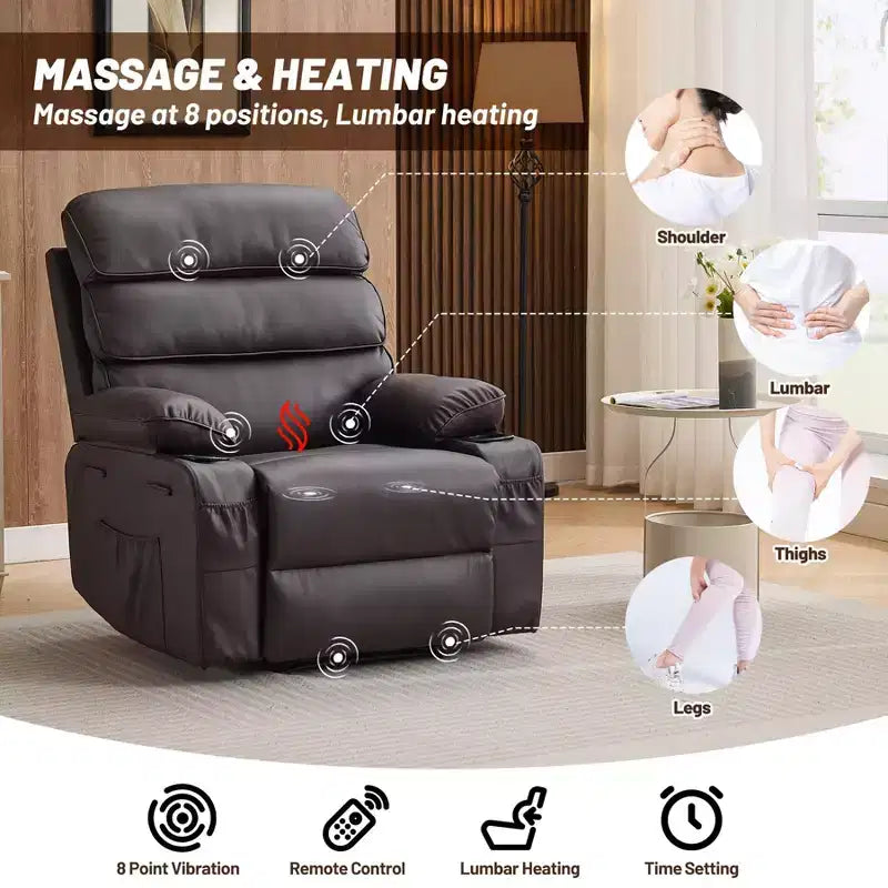 Poltrona Reclinabile Extra Large in Pelle PU per Adulti con Massaggio e Calore, Portabicchieri, Tasche Laterali, Comfort Imbottito per Soggiorno e Camera da Letro
