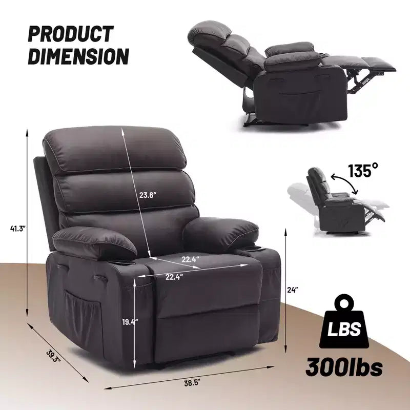 Poltrona Reclinabile Extra Large in Pelle PU per Adulti con Massaggio e Calore, Portabicchieri, Tasche Laterali, Comfort Imbottito per Soggiorno e Camera da Letro