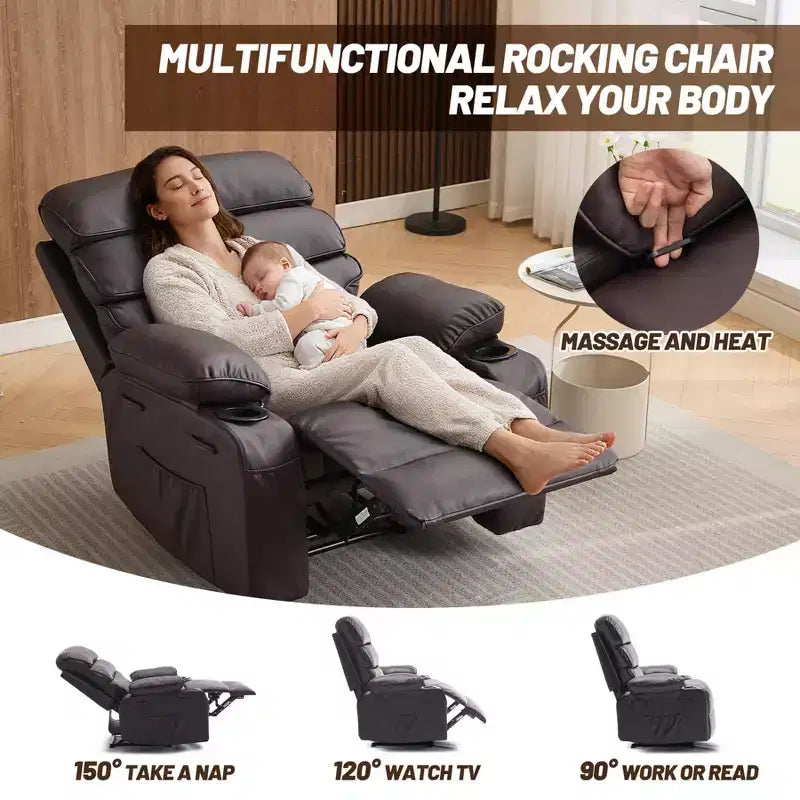 Poltrona Reclinabile Extra Large in Pelle PU per Adulti con Massaggio e Calore, Portabicchieri, Tasche Laterali, Comfort Imbottito per Soggiorno e Camera da Letro