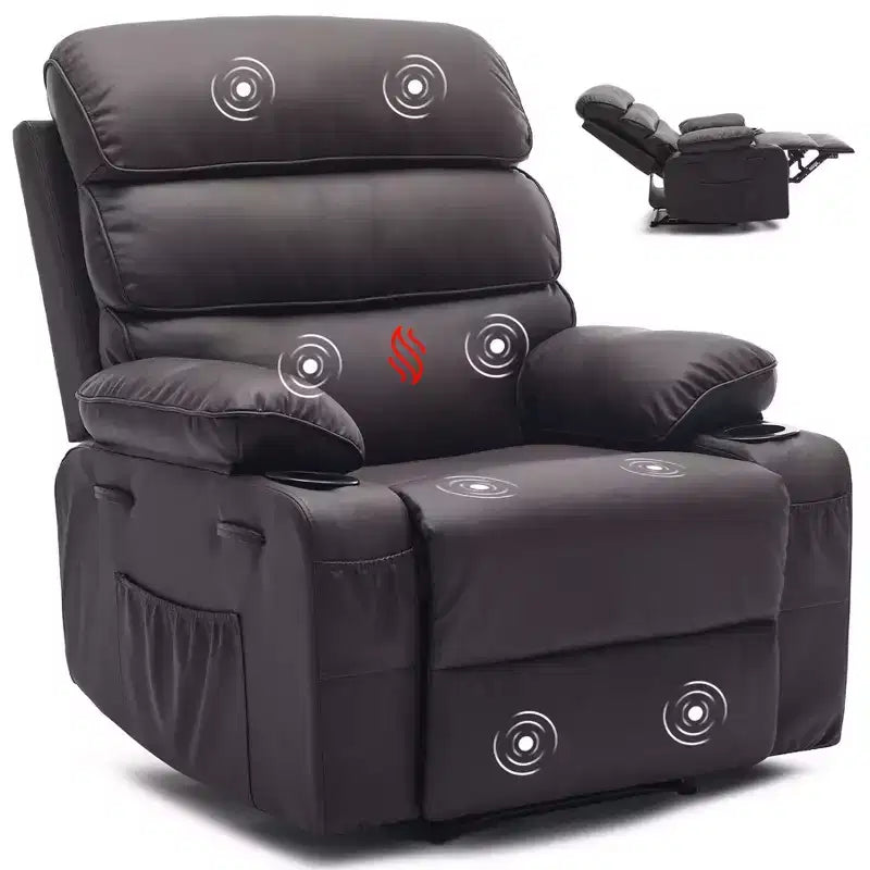 Poltrona Reclinabile Extra Large in Pelle PU per Adulti con Massaggio e Calore, Portabicchieri, Tasche Laterali, Comfort Imbottito per Soggiorno e Camera da Letro