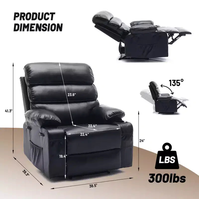 Poltrona Reclinabile Extra Large in Pelle PU per Adulti con Massaggio e Calore, Portabicchieri, Tasche Laterali, Comfort Imbottito per Soggiorno e Camera da Letro