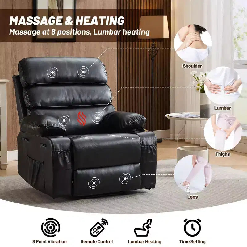 Poltrona Reclinabile Extra Large in Pelle PU per Adulti con Massaggio e Calore, Portabicchieri, Tasche Laterali, Comfort Imbottito per Soggiorno e Camera da Letro