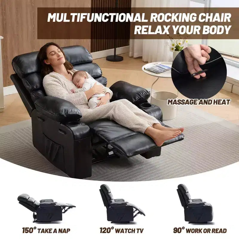 Poltrona Reclinabile Extra Large in Pelle PU per Adulti con Massaggio e Calore, Portabicchieri, Tasche Laterali, Comfort Imbottito per Soggiorno e Camera da Letro