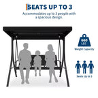3-Seat Black Patio Swing Chair - Adjustable Canopy & Armrests, Breathable Textilene Fabric Hanging Bench for Garden Poolside Backyard