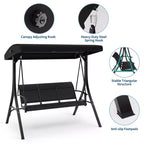 3-Seat Black Patio Swing Chair - Adjustable Canopy & Armrests, Breathable Textilene Fabric Hanging Bench for Garden Poolside Backyard