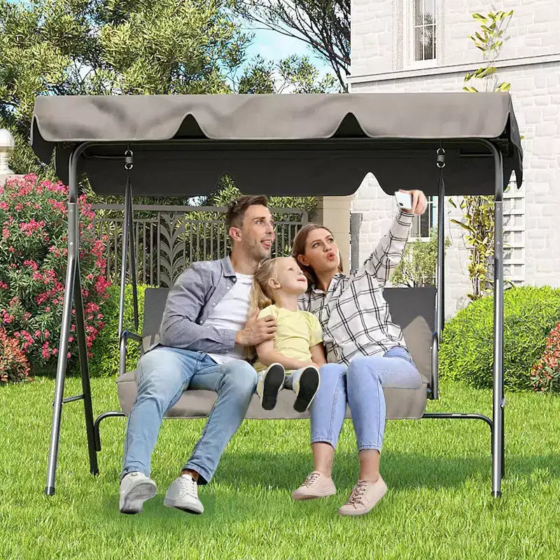 Dondolo da esterno a 3 posti nero - Tettuccio e braccioli regolabili, panca sospesa traspirante in Textilene per giardino, bordo piscina, cortile