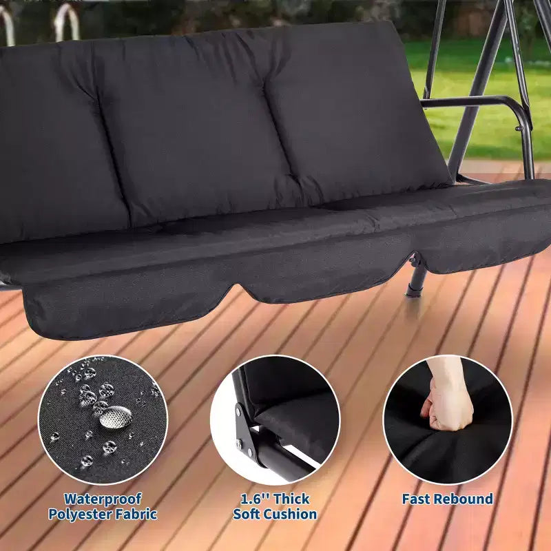 Dondolo da esterno a 3 posti nero - Tettuccio e braccioli regolabili, panca sospesa traspirante in Textilene per giardino, bordo piscina, cortile