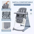 Chaise haute pliable pour bébés et tout-petits, en cuir PU, avec dossier et hauteur d’assise réglables, plateau amovible, harnais de sécurité à 5 points et roulettes verrouillables